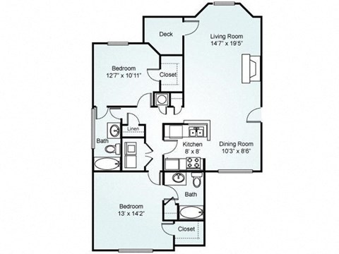2-bedroom/2-bathroom floor plan layout with 1,149 square feet at Chace Lake Villas apartments for rent in Birmingham, AL